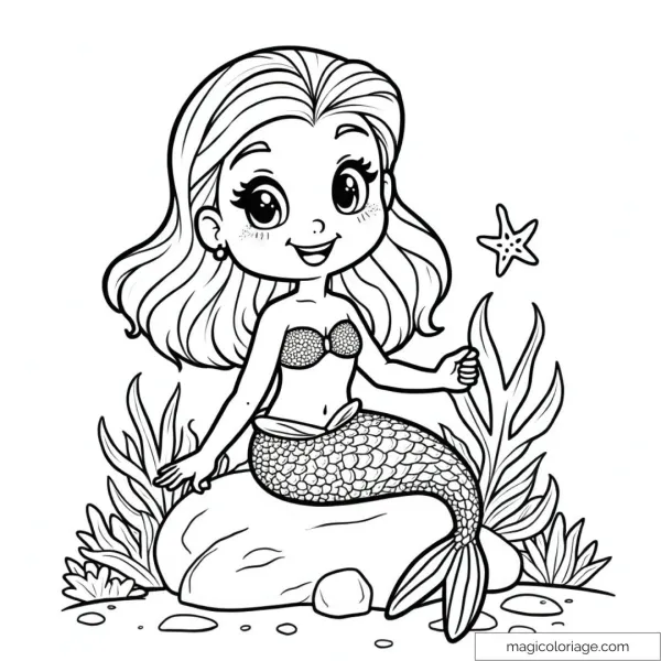 Little mermaid sitting on a rock with starfish and seaweed.