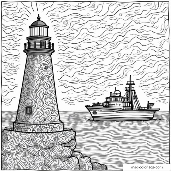 Dessin d'un phare et bateau en mer avec ciel nuageux.
