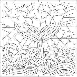 Illustration vitrail de queue de baleine et vagues pour coloriage.