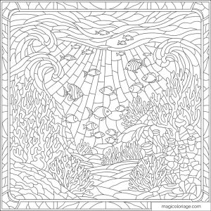 Coloriage récif corallien avec poissons et algues