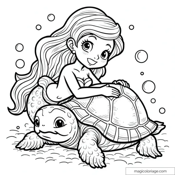 Smiling mermaid on a sea turtle with bubbles around