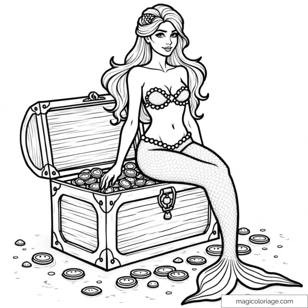 Image of a mermaid with a treasure chest full of coins.