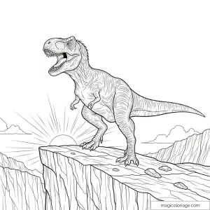Dessin de dinosaure T-Rex sur une falaise avec soleil levant.