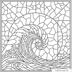 Dessin d'une vague et d'un soleil géométriques à colorier.