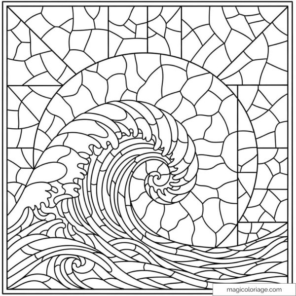 Dessin d'une vague et d'un soleil géométriques à colorier.