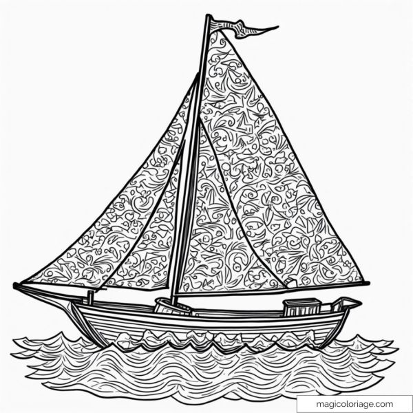Dessin d'un voilier avec voiles décorées sur la mer