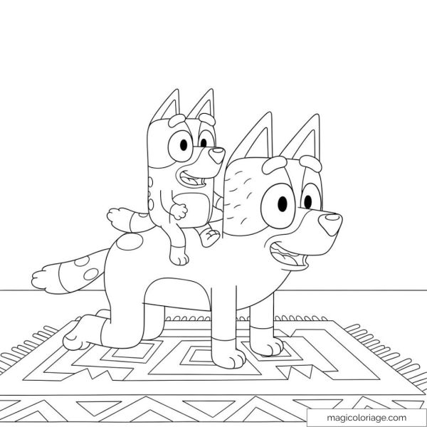 Bluey and Bandit playing on a rug