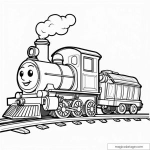 Dessin d'un train souriant sur rails à colorier