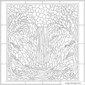 Dessin de cascade avec arbres et rivière