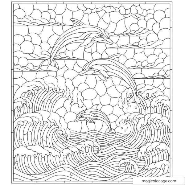 Dessin de dauphins jouant dans les vagues sous un ciel nuageux