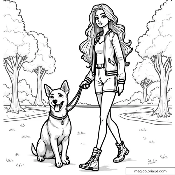 Barbie promenant son chien dans un parc entouré d'arbres.