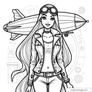Barbie aventurière avec lunettes et dirigeable en arrière-plan.