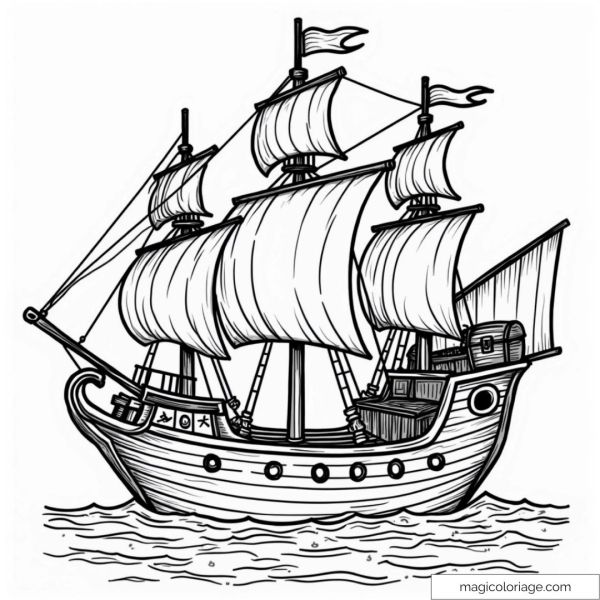 Coloriage de bateau pirate avec voiles déployées sur l’eau.