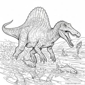 Dessin d'un Spinosaurus chassant des poissons dans l'eau.