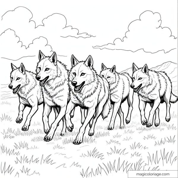 Illustration of a pack of wolves crossing a meadow under a cloudy sky.