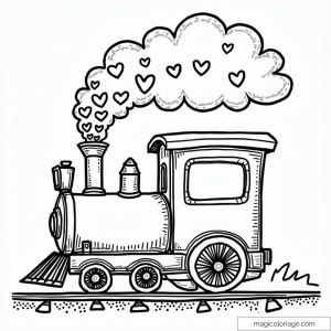 Dessin de train à vapeur mignon avec fumée de cœurs à colorier.