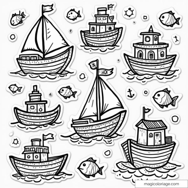 Bateaux et poissons marins à colorier