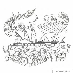 Coloriage Opéra de Sydney avec notes de musique et vagues.