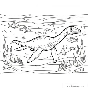 Dinosaure marin nageant avec poissons et algues luxuriantes