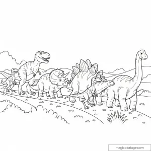 Illustration en noir et blanc de différents dinosaures marchant dans la nature.