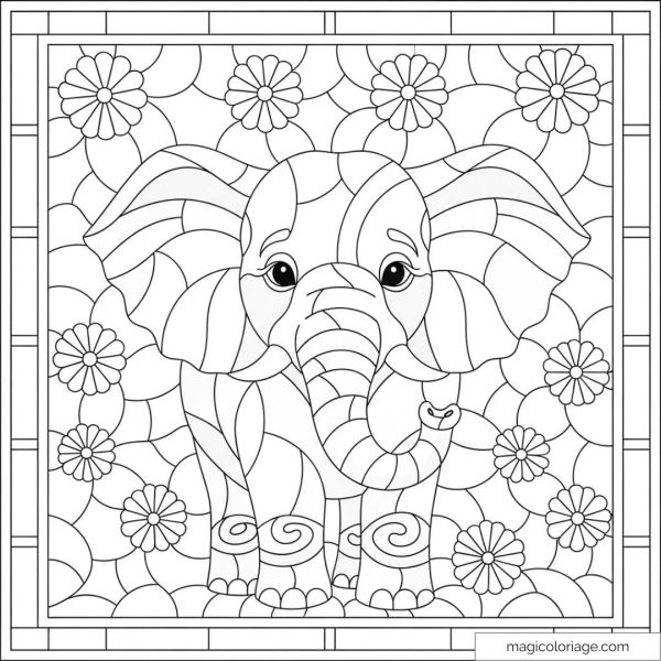 Dessin d'un éléphant mandala avec fleurs pour coloriage apaisant.