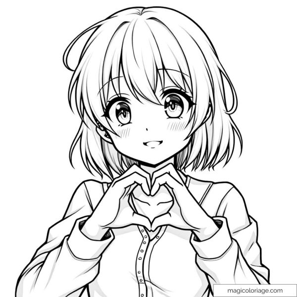Manga coloring page of a smiling girl forming a heart with her hands.