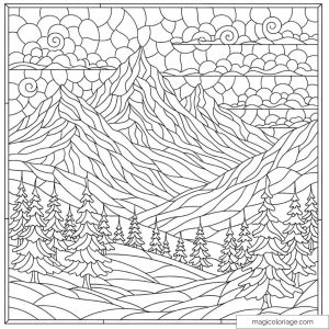 Dessin de montagnes et forêts alpines à colorier