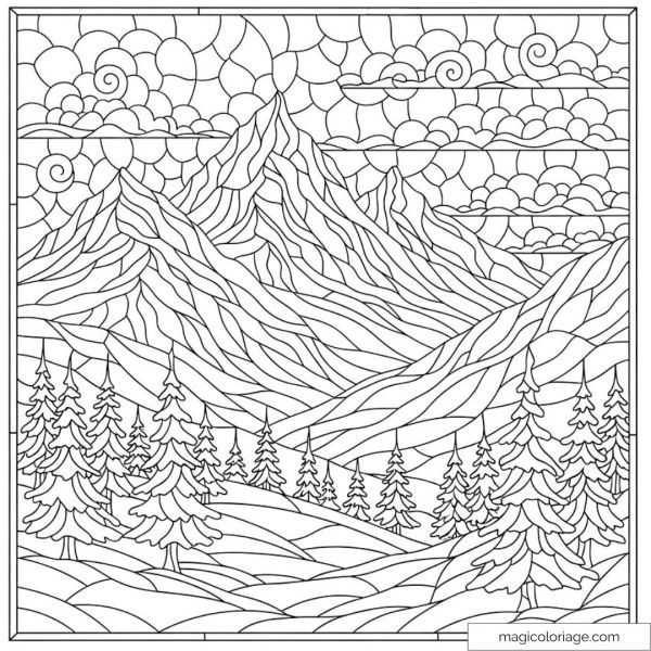 Dessin de montagnes et forêts alpines à colorier