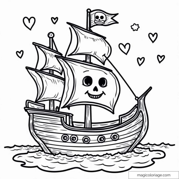 Dessin de bateau pirate souriant avec cœurs et vagues.