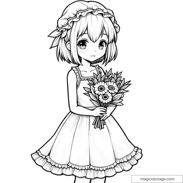 Manga style girl holding a bouquet of flowers coloring page