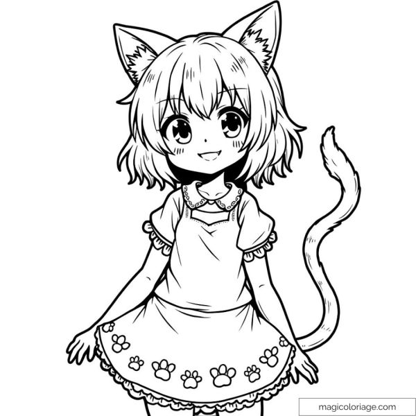 Adorable Nekko girl with cat ears and paw print dress