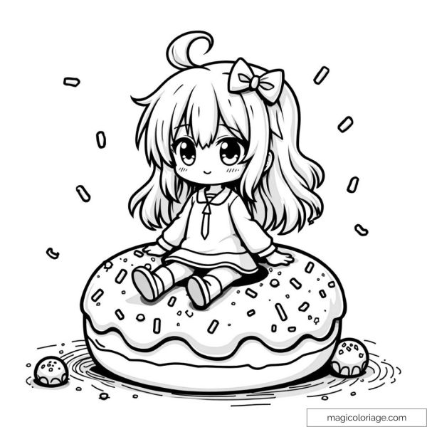 Kawaii girl sitting on a donut with sweet decorations.