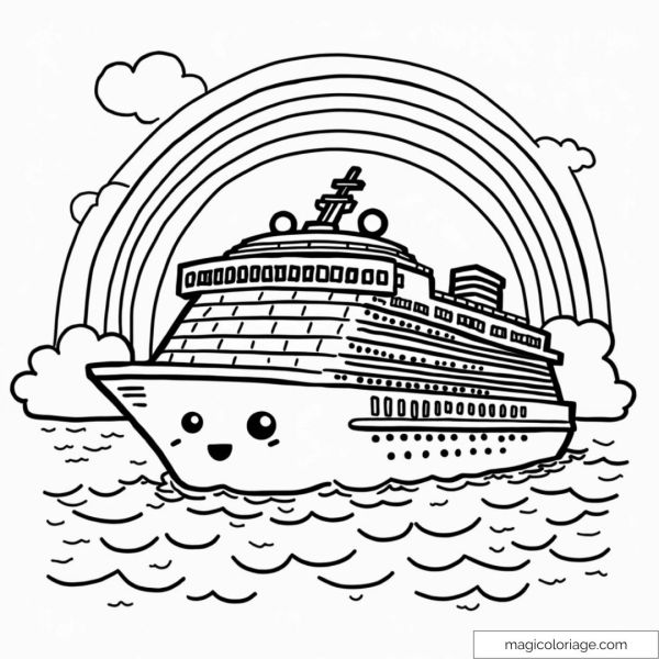 Dessin d'un bateau avec visage et arc-en-ciel