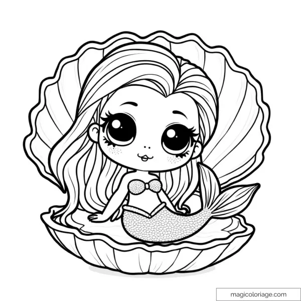 Drawing of a cute mermaid in a shell with fine details.