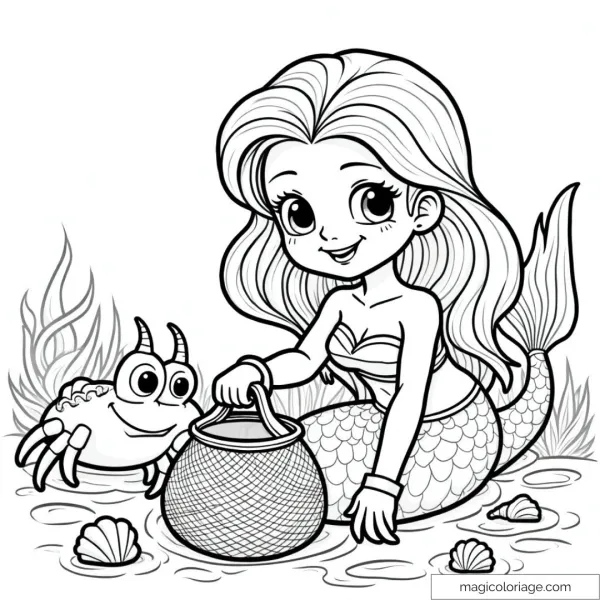 Black and white drawing of a mermaid with a crab and seashells.