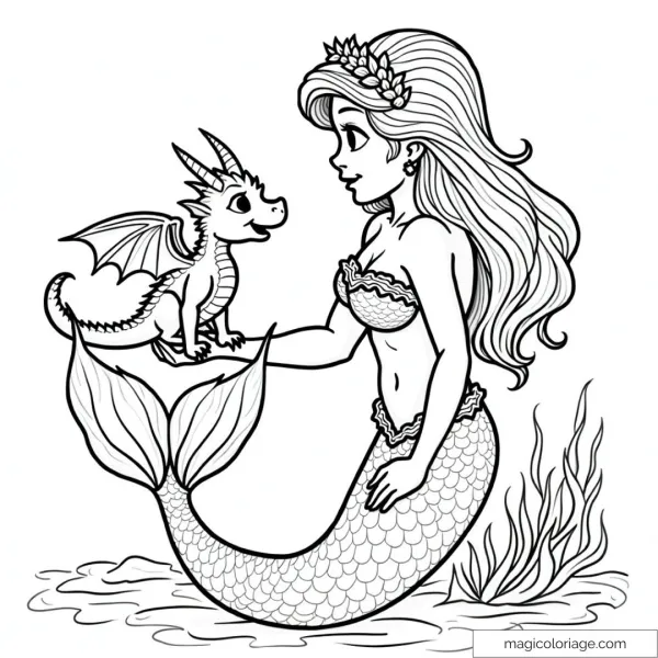 Mermaid holding a small dragon at the water's edge