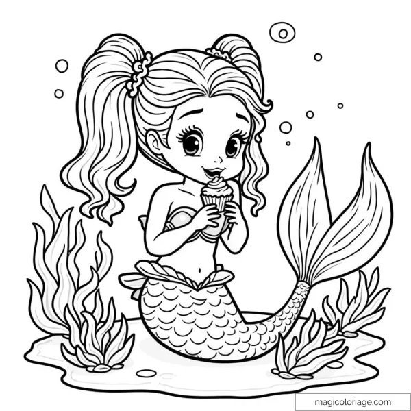 Mermaid underwater eating a cupcake surrounded by seaweed