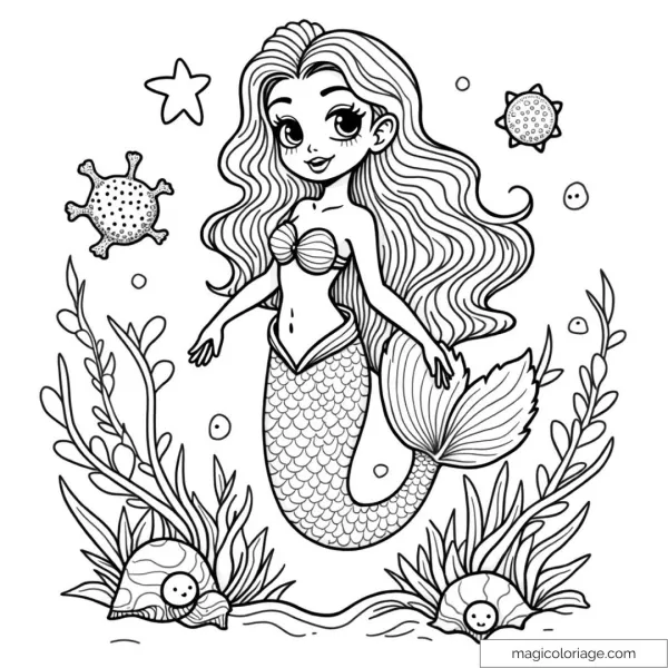 Underwater mermaid drawing with seashells and starfish