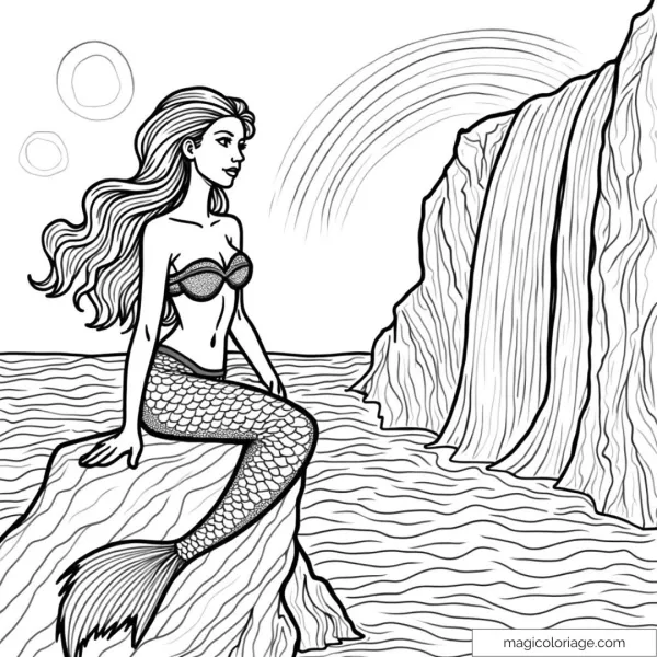 Mermaid sitting on a rock in front of a waterfall and rainbow.