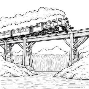 Dessin de train à vapeur traversant un pont en bois.