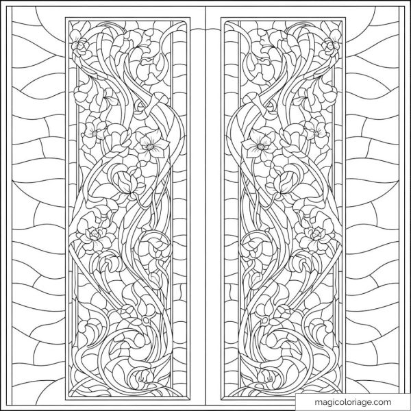 Dessin de vitrail floral détaillé avec motifs ondulés et fleurs.