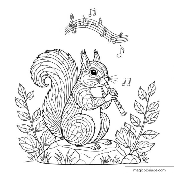 Squirrel playing flute with musical notes and plants.