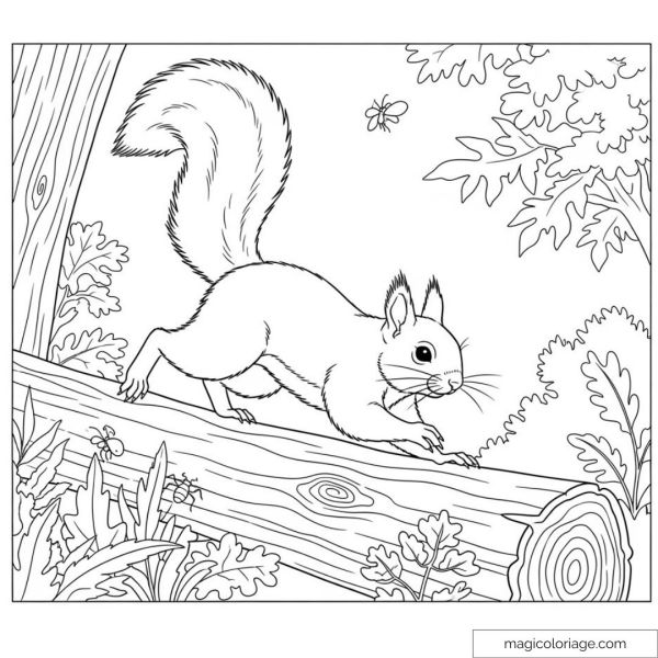 Squirrel on a tree trunk in the forest with leaves and insects.