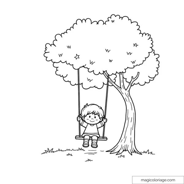 Child on swing under a tree in summer