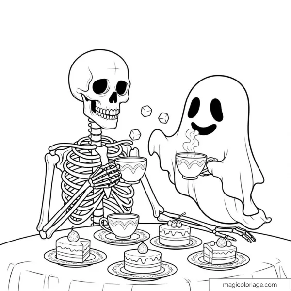 Cheerful ghost sharing tea with a skeleton over delicious cakes.