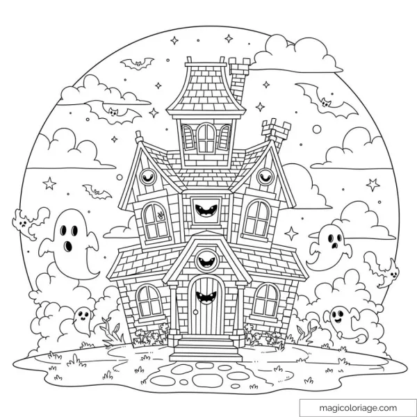 Haunted house coloring page with ghosts and bats.