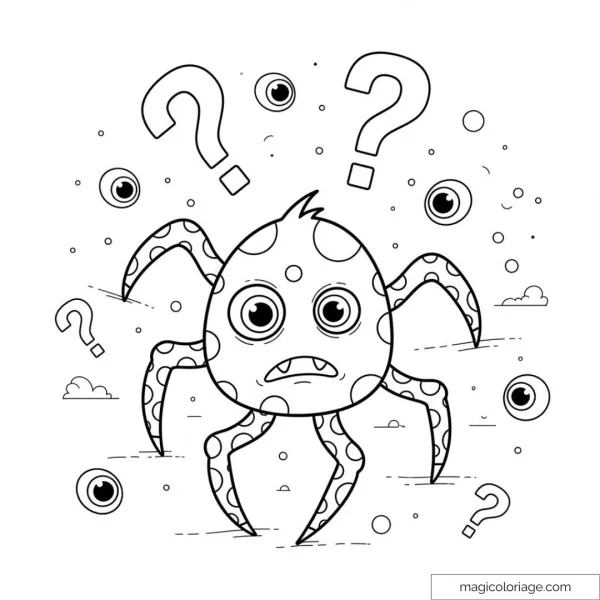 Drawing of a monster with question marks and circles