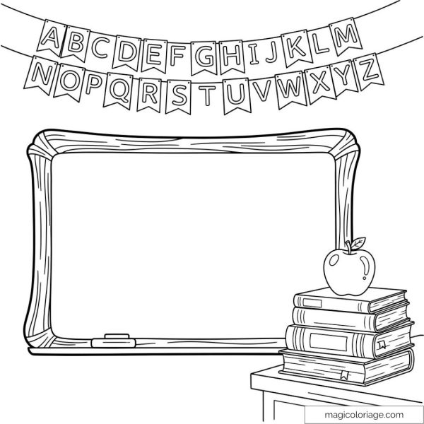 Coloring page with alphabet and apples.