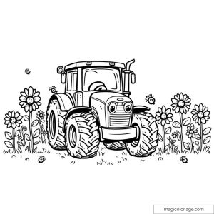Illustration of tractor in a flowery field with happy bees