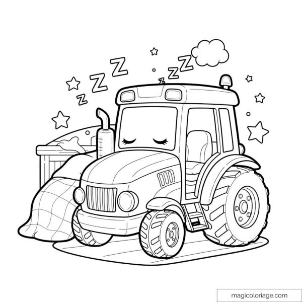 Tractor asleep under a blanket with stars and clouds.